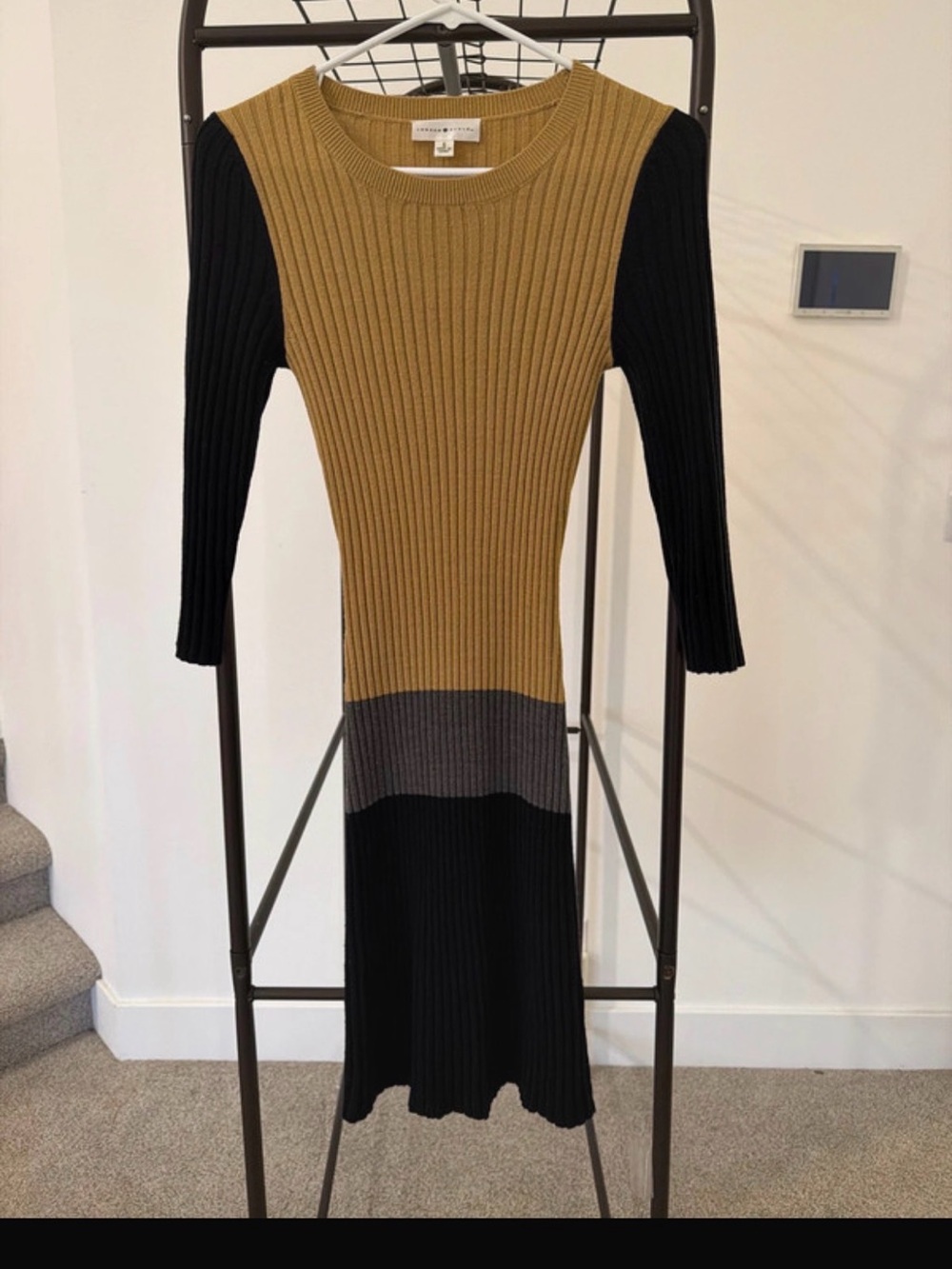 London Style Ribbed Colorblock Midi Dress - Mustard, Black & Gray